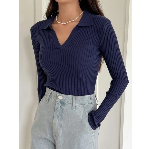 Navy Blue Rib Knit Polo Long Sleeve Sweater Shirt  V-Neck Stretchy - Picture 4 of 11